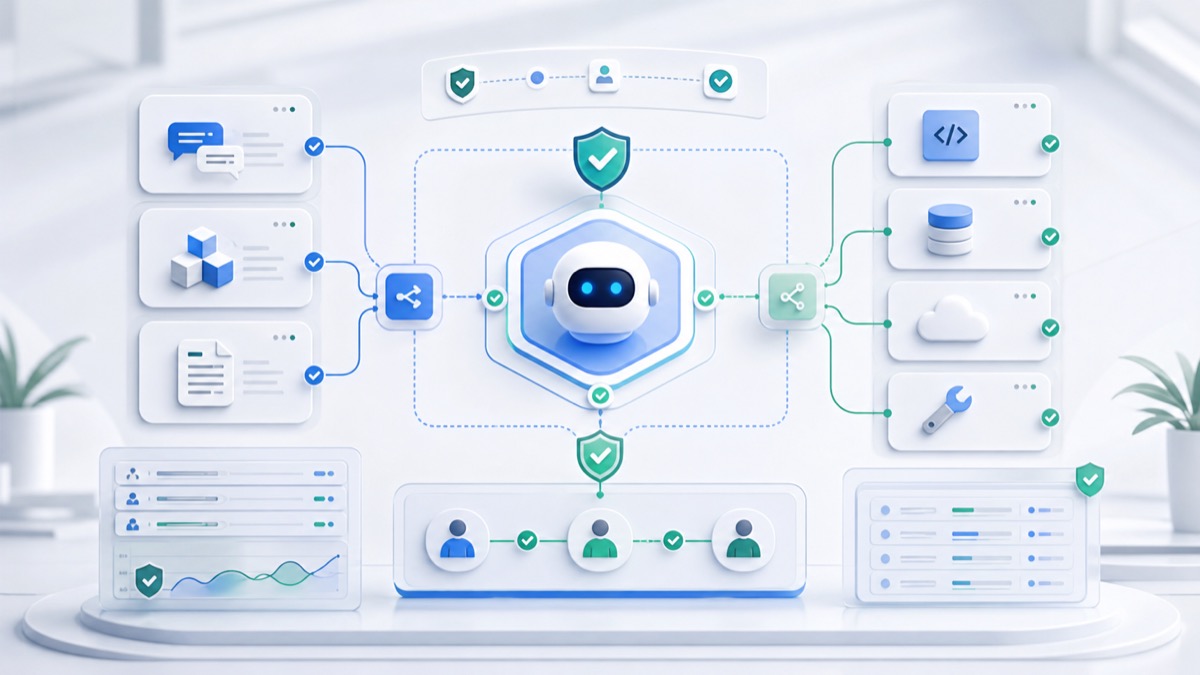 Sicherheitsboard fuer AI Agents mit Tools, Prompts, Datenquellen, Berechtigungen und Audit-Logs