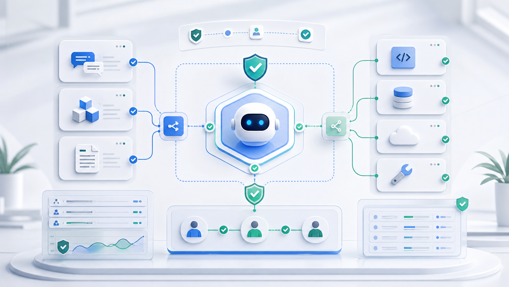 Security review board showing AI agent tools, prompts, data sources, permissions, and audit logs before a task is delegated