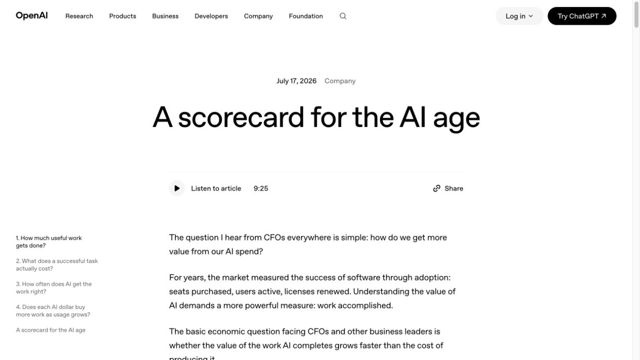 Bai viet cong khai cua OpenAI ve scorecard AI va chi phi moi tac vu duoc chap nhan trong bai