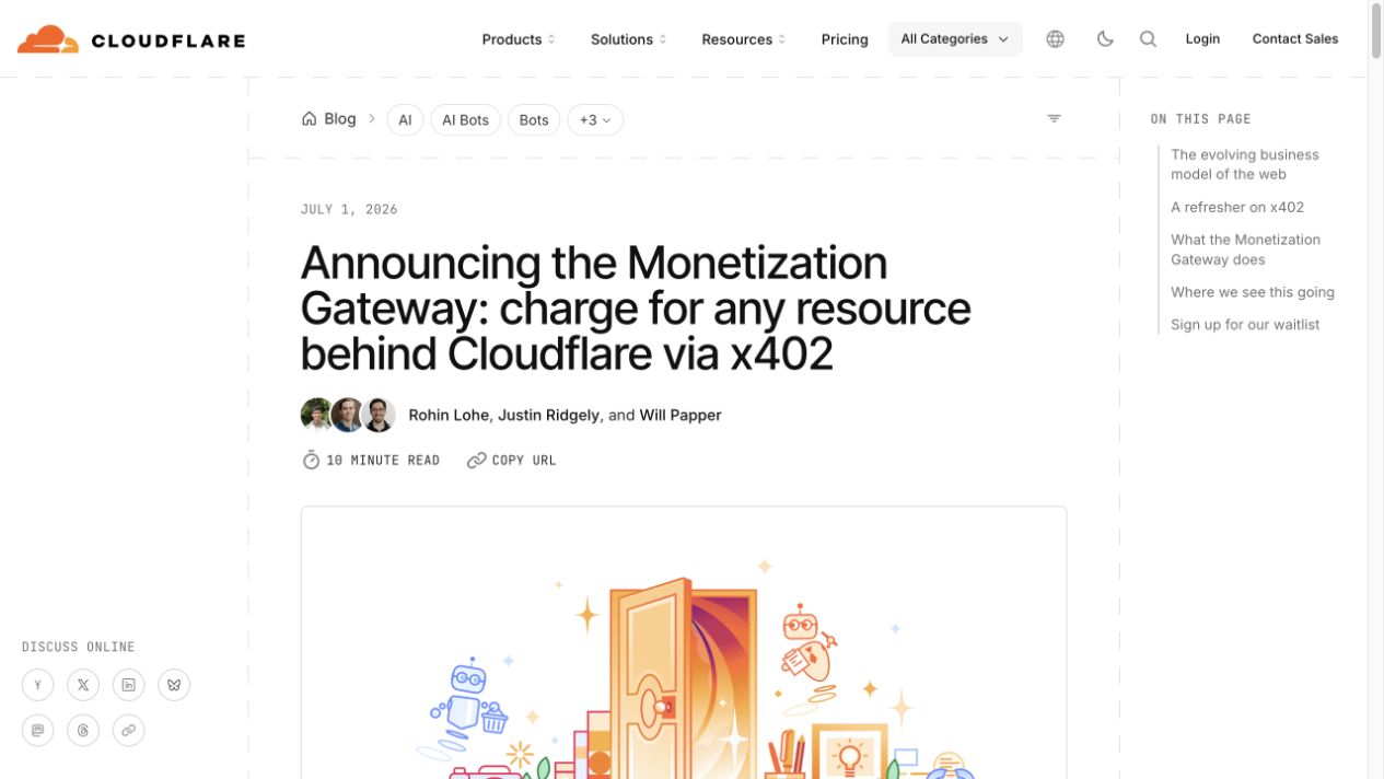 Oeffentliche Cloudflare-Ankuendigung zum x402 Monetization Gateway als Quelle fuer das in diesem Artikel behandelte Agent-Payment-Signal